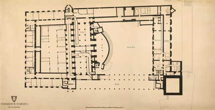  Ritning i stort format av stadshuset, plan av källaren, i tusch på gulnat papper