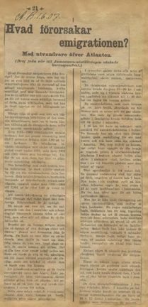 Artikeln "Hvad förorsakar emigrationen?" ur Aftonbladet den 1 juni 1907.
