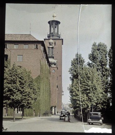Stockholms stadshus, en roströd tegelbyggnad i nationalromantisk stil med ett högt torn, sett från marken nedanför. Två svarta bilar står parkerade på gatan nedanför. Längs fasaden växer murgröna eller vildvin. I parken intill syns många träd med gröna löv. Det är sommar.