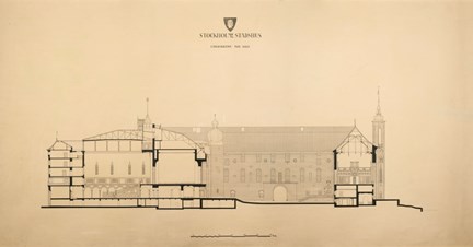 Ritning i stort format av stadshuset, längdsektion mot norr, i tusch på gulnat papper