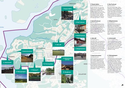 Kartbild över stadsdelarna kring Skärholmen med utpekade platser och texter till höger om vardera plats.