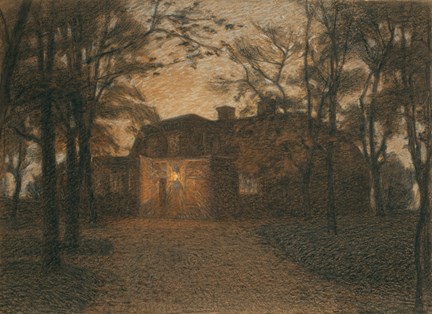 Kolteckningen föreställer den gamla huvudbyggnaden på Waldemarsudde i skymningen år 1904.