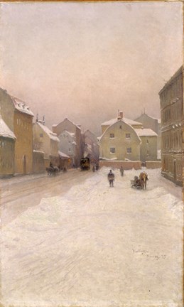 Stadsmotiv på vintern med mycket snö. Ett ånglok kommer tuffande. Husfasader. 