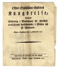 Öfwer-Ståthållare-Embetets Kungörelse, Angående Förhöjning i Betalningen för Afträdesorenlighetens borthämtande, i Staden och Malmarne. Gifwen Stockholm den 24 Februarii 1813.