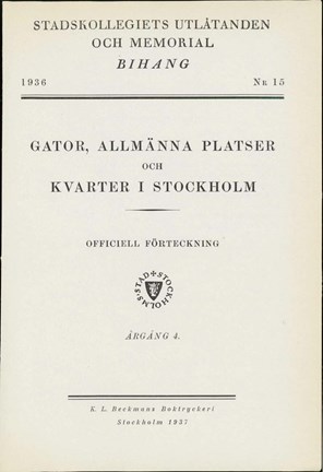 Framsida till Bihang 15, Stadskollegiets utlåtanden och memorial år 1936