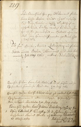 Kvittot från Allmänna barnhuset där man kan läsa vad Sara Catharina Bolin fick med sig för kläder när hon flyttade från barnhuset till rådmansänkan Zetterberg 1763.