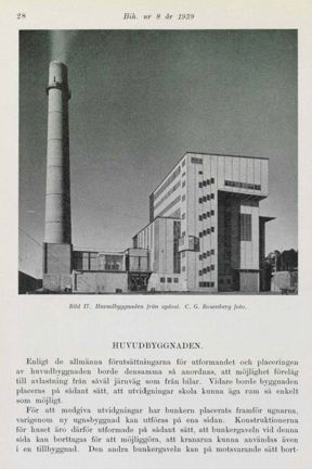 Sidan 28 i skriften med foto av anläggning, rubrik "Huvudbyggnaden" och de två första styckena. Tryckt på papper.