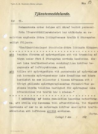 Tjänstemeddelande om beslut att inte använda luftbromsen för Södra Lidingöbanans vagnar på Sturegatan 1926