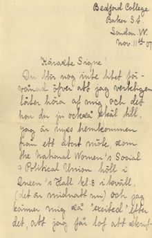 Brev till Signe Bergman från Alfhild Lamm om den kvinnliga rösträttsrörelsen i Storbritannien - 1907
