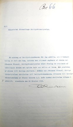 Brev till fattigvårdsnämnden från Jakob -och Johannes fattigvårdsstyrelse