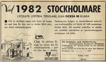 Utklippt tidningsannons med text och tecknad bild av tre män som reser en husvägg och en pojke som tittar på.