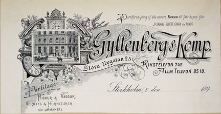 Brevhuvud tryckt i svart med bild på urverk, fasad och dekorationer samt text.