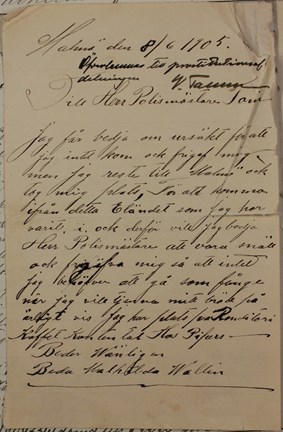 Beda Mathilda Carlsson Wallin vill bli utskriven från Besiktningsbyrån 1905