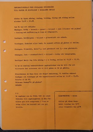 Informationsblad från Högdalens ungdomsgård