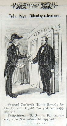 Från Nya Riksdags-teatern. Bildskämt i Söndags-Nisse – Illustreradt Veckoblad för Skämt, Humor och Satir, nr 36, den 2 september 1866