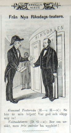 Från Nya Riksdags-teatern. Bildskämt i Söndags-Nisse – Illustreradt Veckoblad för Skämt, Humor och Satir, nr 36, den 2 september 1866