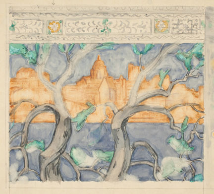 Akvarellskiss som tecknar utsikten över Katarina ifrån Stadshuset