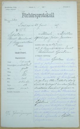 F.d. byggnadsritaren Ernst Bernhard Sjösten, 43, häktad för lösdriveri 23 juni 1887 - polisförhör.