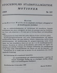 Motion angående utbyggnad av de handikappades färdtjänst - Stadsfullmäktige 1969