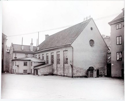 Svartvit bild på Finska kyrkan mot sydost
