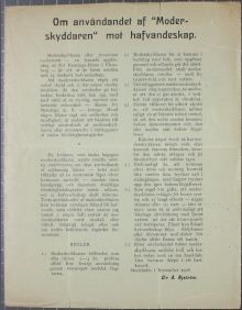 Om användandet af "Moderskyddaren" mot hafvandeskap - flygblad 1908
