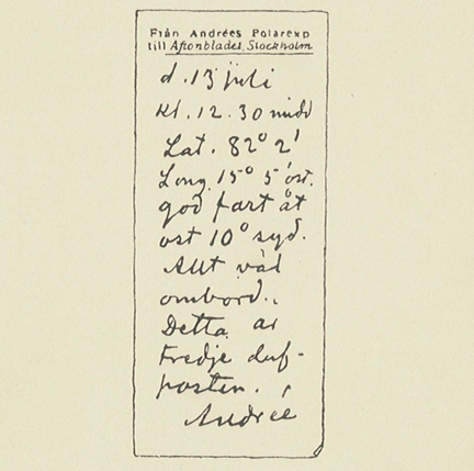 Kopia av duvpost från Salomon August Andrée skickad från vätgasballongen under polarexpeditionen 1897