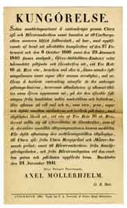 Kungörelse. Sedan muddringsarbetet å vattendraget genom Clara sjö och Rörstrandsviken samt kanalen ut till Carlbergsviken numera blifvit fullbordadt...Stockholm den 24 november 1841.