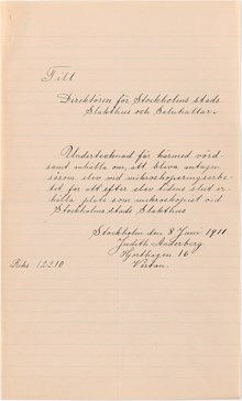Ansökningshandling, mikroskopist Judith Anderberg söker jobb vid Slakthuset 1911