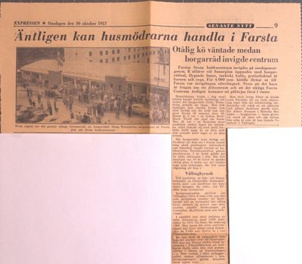 Tidningsartikel med fotografi från Expressen om invigning av Farsta Centrum