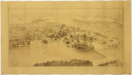 Laverad teckning ur fågelperspektiv över del av Djurgården i Stockholm, med byggnader och natur