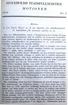 Motion om åstadkommande av bostadshus för ensamma mödrar - stadsfullmäktige 1942