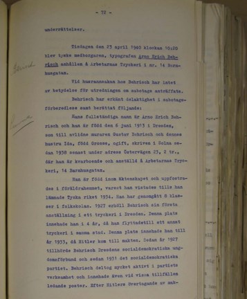 Förhör med Arno Erich Behrisch våren 1940.