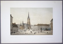 Grafiskt blad. Carl Johan Billmark. Riddarholmskyrkan och Riddarhustorget