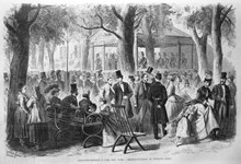 Middagskonsert å Carl XIIIs torg. Originalteckning af Gustave Janet i Ny Illustrerad Tidning nr 24, den 16 juni 1866