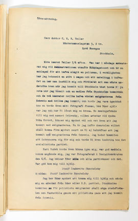 Brev från Josef Skoutelsky, häktad för misshandel av polis den 5 juni 1917