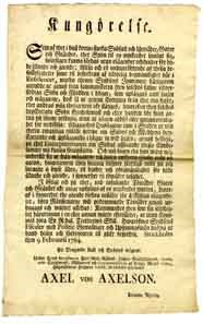 Kungörelse. Som af thet i hast komne starka snöfall och urwäder, gator och gränder, ther snön til en myckenhet samlat sig ... Stockholm then 9 februarii 1784.