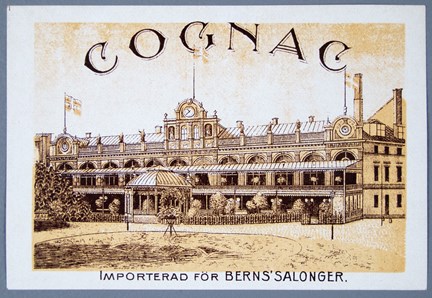 Reklamtryck i gult och svart med bild på Berns salonger samt text.