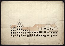 Ritning av Gamla rådhuset vid Stortorget, 1720-tal