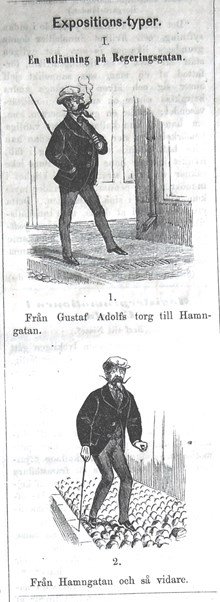 Expositions-typer I. En utlänning på Regeringsgatan. Bildskämt i Söndags-Nisse – Illustreradt Veckoblad för Skämt, Humor och Satir, nr 23, den 10 juni 1866