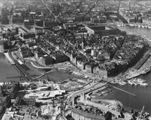 Flygbild över Slussen och Gamla Stan
