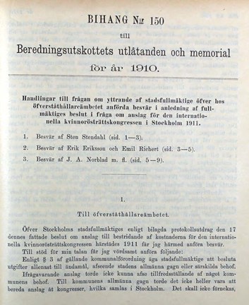 Protester mot att Stadsfullmäktige beviljat medel till den internationella kvinnorösträttskonferensen 1911.