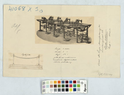 Skiss på gulnat papper med monterat tryck av symaskiner och symaskinsborden samt liten skiss av skyddsräcke