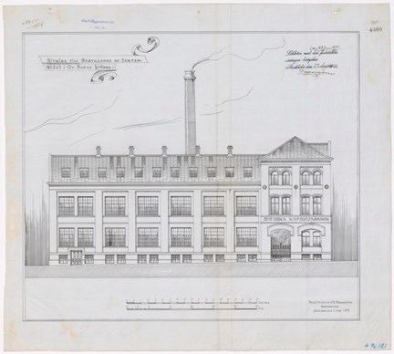Ritning till fabriksbyggnad i tusch på transparent grå väv