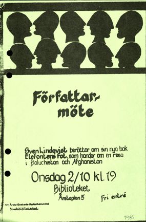 Grönt handskrivet blad med inbjudan till författarmöte från Årsta-Enskede kulturkommitté