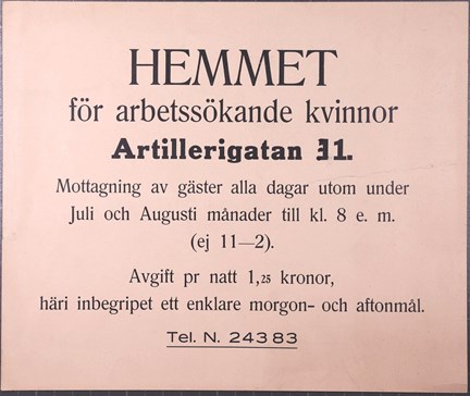 Tryckt notis om Hemmet för arbetssökande kvinnor.