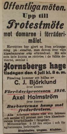 "Barbarernas kamp mot fredsrörelsen" - upprop till protestmöte 1916