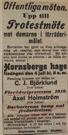 "Barbarernas kamp mot fredsrörelsen" - upprop till protestmöte 1916.