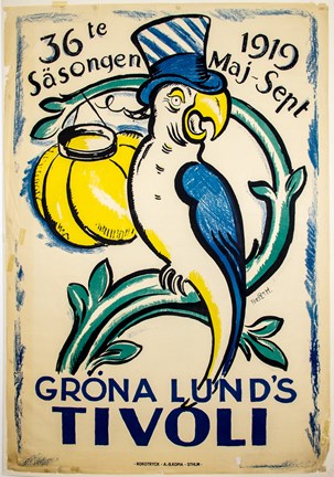 Affisch tryckt i gult, blått, grönt och svart föreställande en papegoja sittande på en växt samt text.