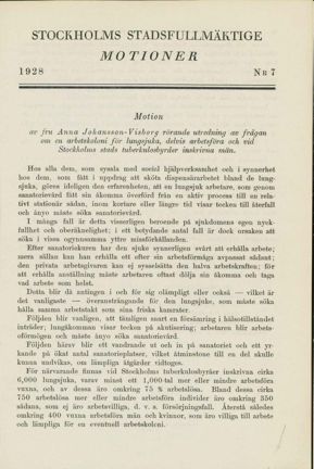 Motion angående arbetskoloni för lungsjuka, 1928