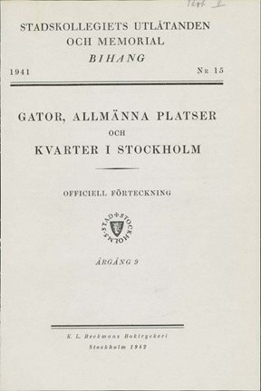 Framsida till Bihang 15, Stadskollegiets utlåtanden och memorial år 1941
